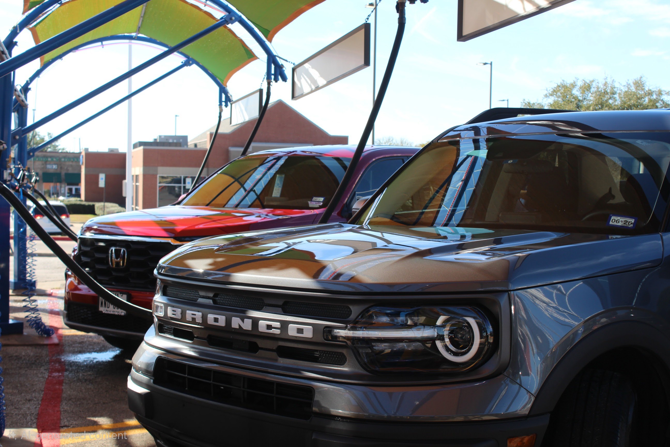 Ford Bronco and Honda freshly washed under colorful canopy at Auto Bath